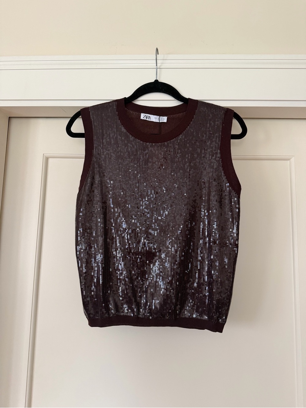 Zara Chocolate Brown Sequin Sleeveless Knit Shell Top Size L NWT
